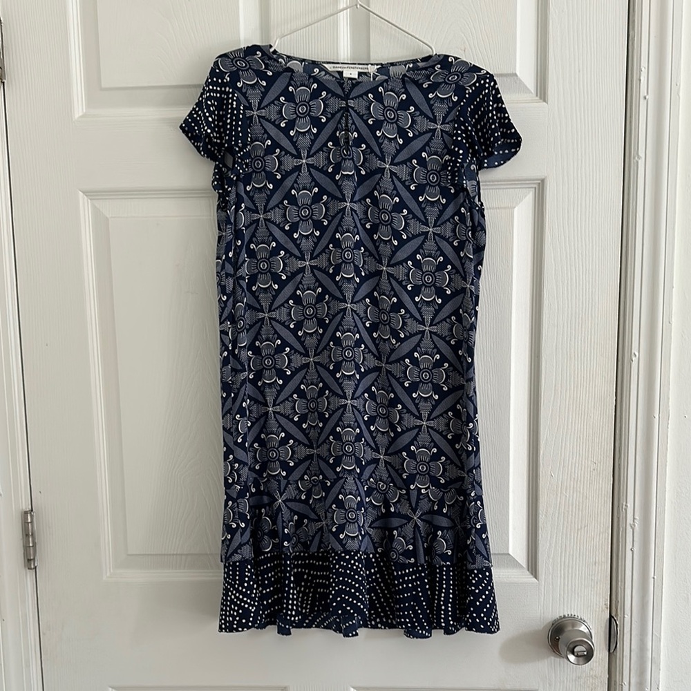 Diane Von Furstenberg Blue and White Ruffled Sheath Dress